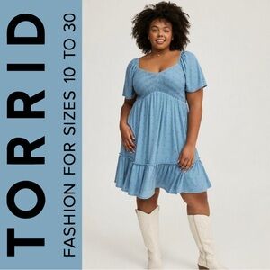 Torrid Light Blue Mountain Spring V-Waist Mini Polkadot Dress, NEW!